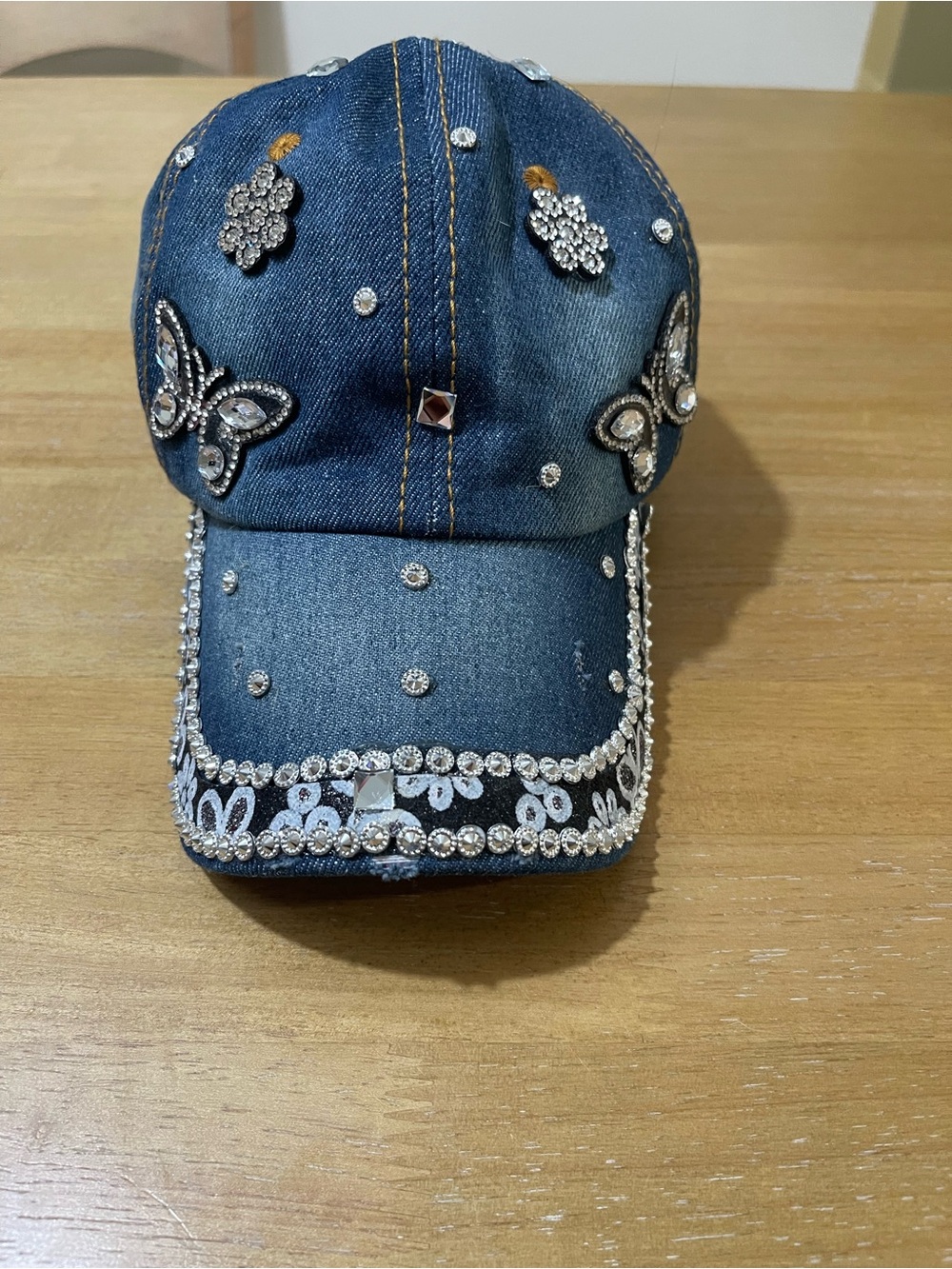 Denim Rhinestone Butterfly Baseball Cap - Blue